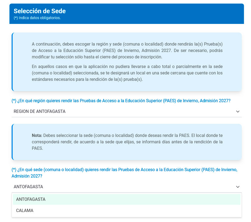 Seleccionar Sede