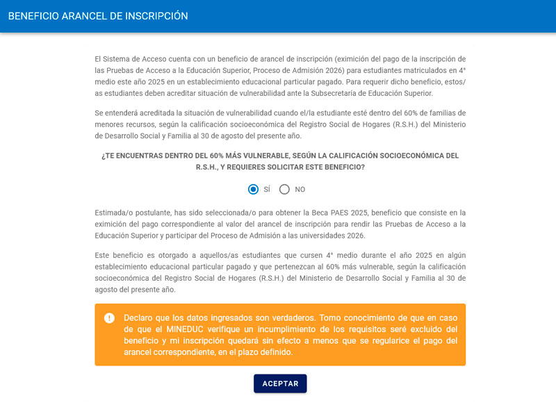 Mensaje Beca Paes estudiante colegio particular pagado 60% vulnerable