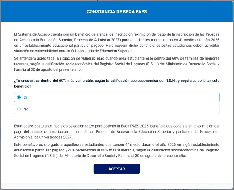Mensaje Beca Paes estudiante colegio particular pagado 60% vulnerable