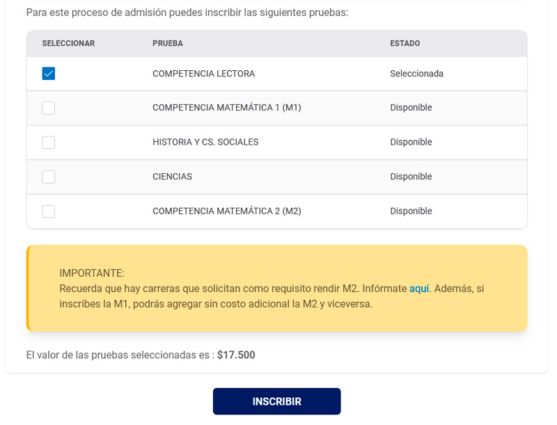 Selección y pago de 1 prueba en el formulario