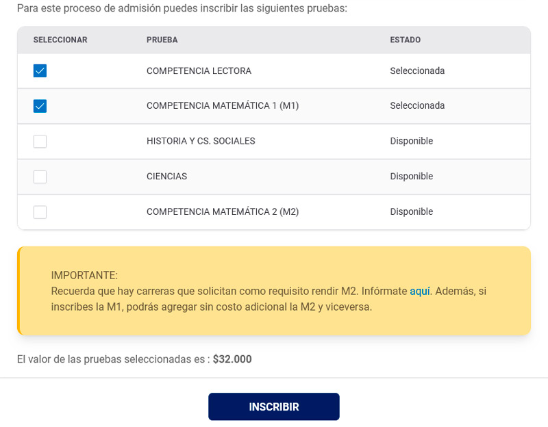 Selección y pago de 2 pruebas en el formulario