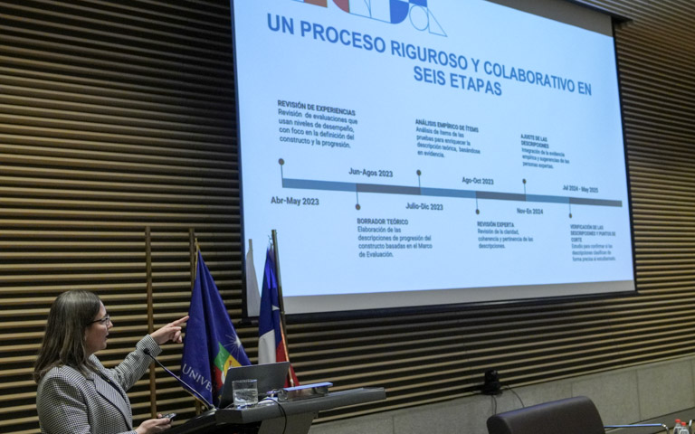 Daniela Jiménez, jefa del Área de Instrumentos del DEMRE y directora del proyecto, explicando las etapas.