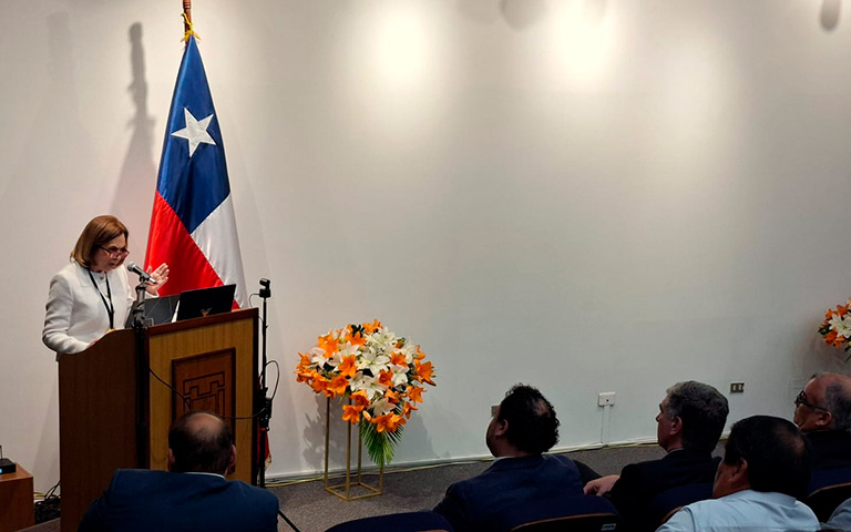 Leonor Varas, directora del DEMRE, durante su discurso de agradecimiento tras recibir la Medalla Rectoral UTA.