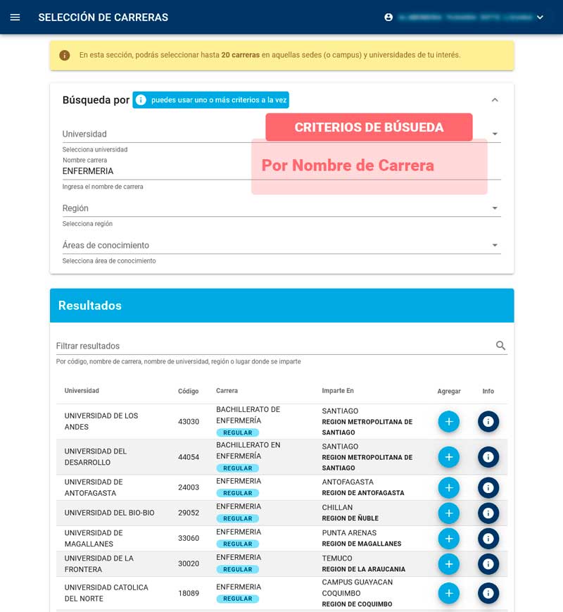 Búsqueda de carreras por Nombre
