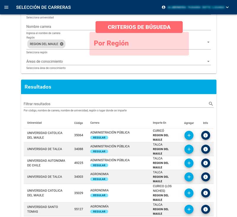 Búsqueda de carreras por Región
